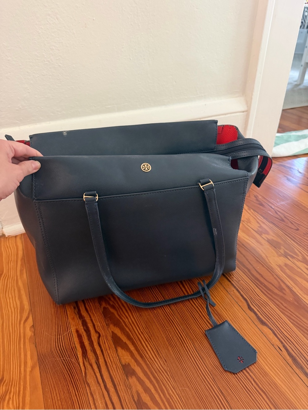 Tory Burch Parker Navy Leather Tote with Red Interior Accent